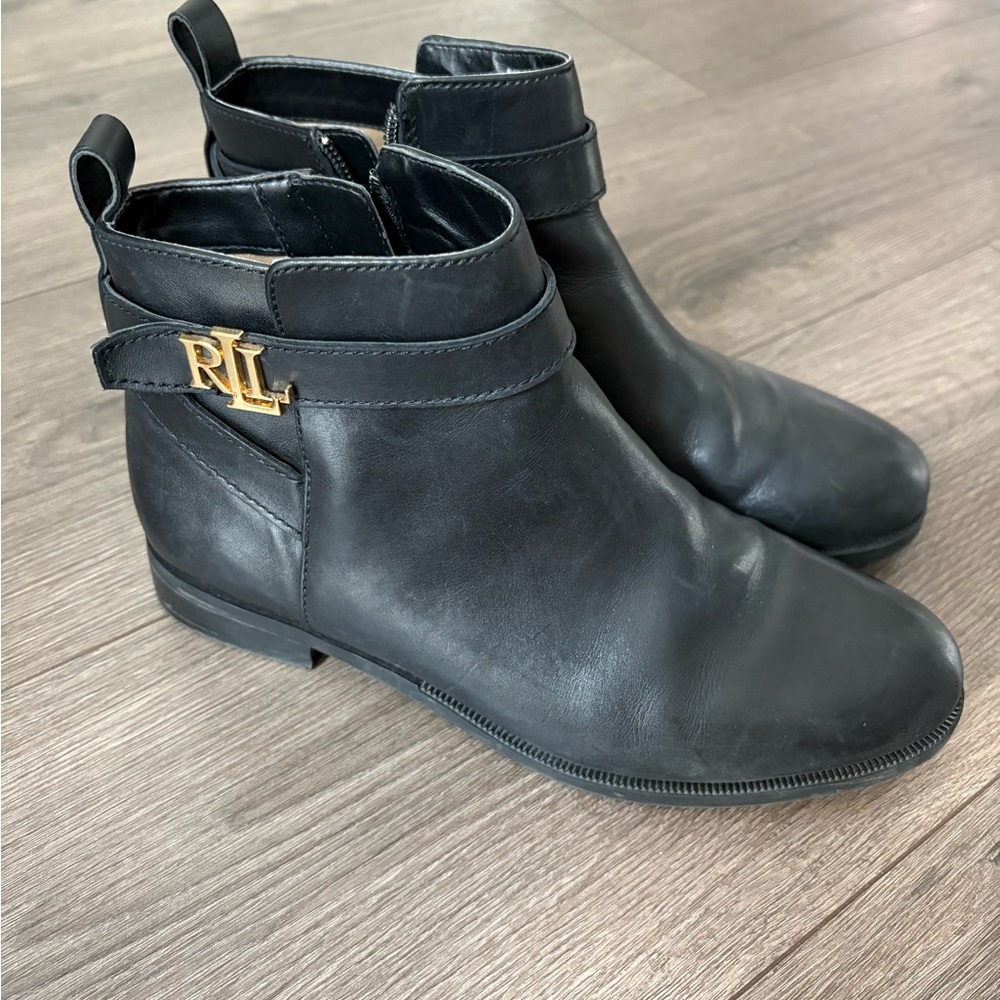 Ralph Lauren Black Leather Ankle Booties with Gold RL Hardware